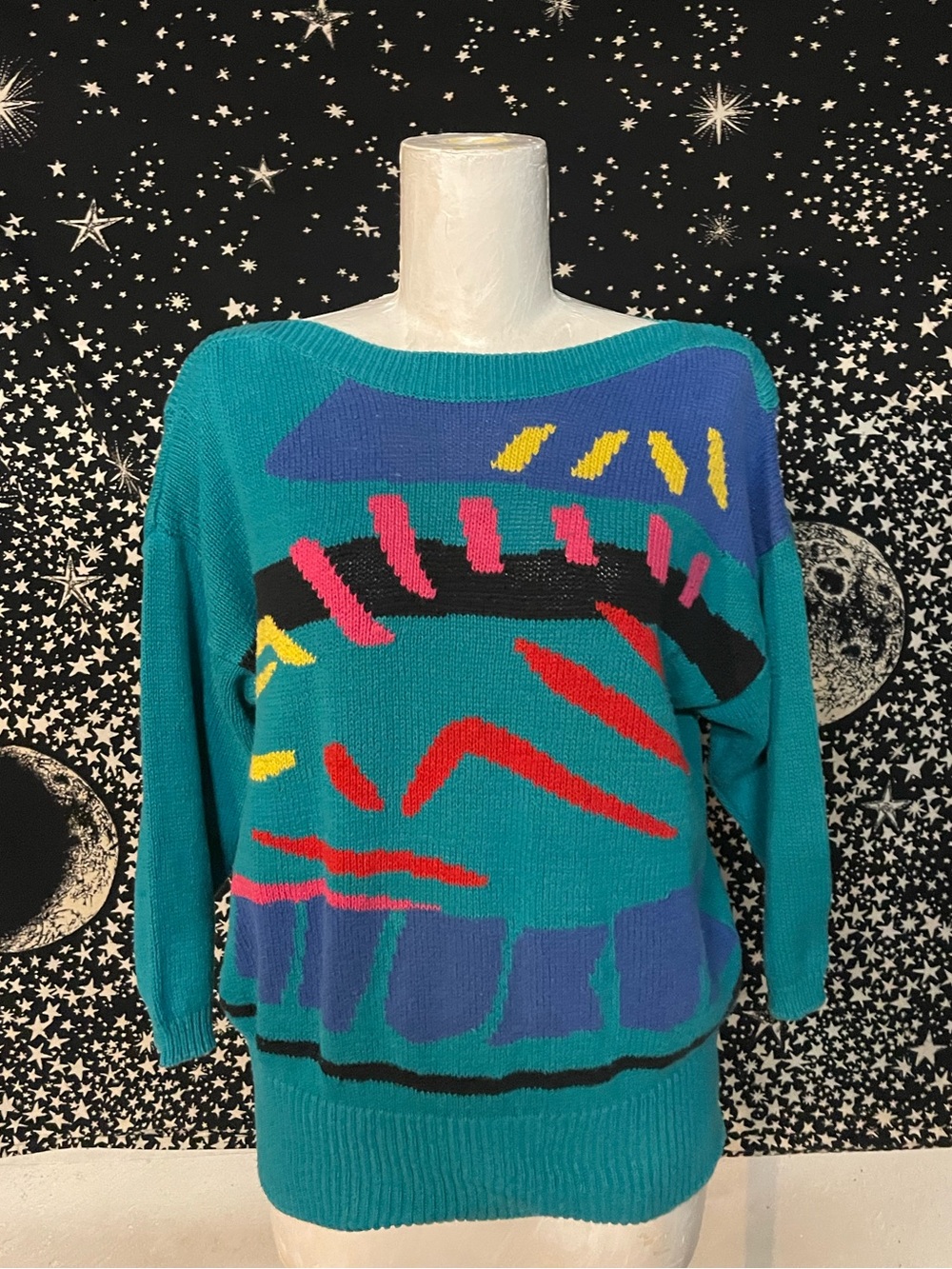 Teal Abstract Graphic Crewneck Sweater Vintage 80s